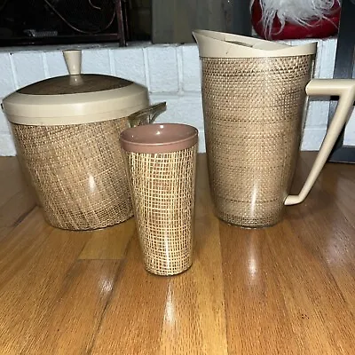 Vintage Raffia Ware Rattan Ice Bucket Burlap MCM Retro Barware Pitcher And 1 Cup • $32.55