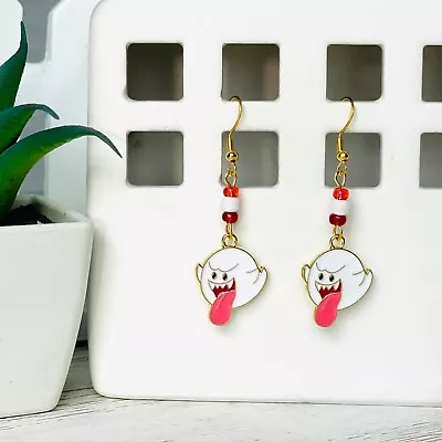 SUPER MARIO BROS Boo Handmade Beaded Dangle Earrings 925 Hypoallergenic • $5.95