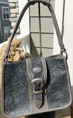Montana West Vintage Floral Tooled Embossed Studded Buckle Grey Purse Handbag • $28.99