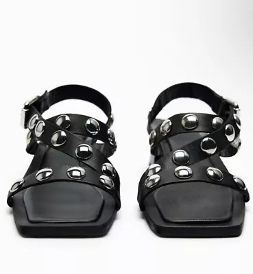 $68.99 • Buy ZARA BLOCK HEEL LEATHER SANDALS SIZE 8 US Squared Toe Metal Stud New With Tags