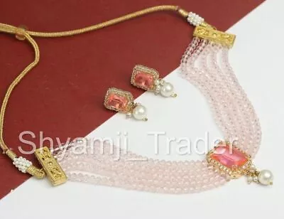 Bollywood Indian Peach Beads Kundan Choker Necklace Party Costume Jewelry Set • $13.86