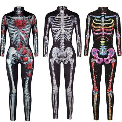 Women Halloween Skeleton Bone Adult Cosplay Costume Fancy Dress Outfit Jumpsuit • £8.99