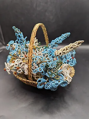 Vintage French Glass Seed Beaded Flowers In A Vintage Sweetgrass Woven Basket • $59