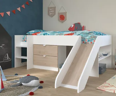 Kids Mid Sleeper Tobo White Wooden Bed With Slide EU Single 4 Mattress Options • £484.99