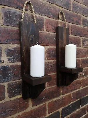 Pair Of Fire Treated  Wooden Wall Sconces - Pilar Candle Holder  50cm 20 Inch • £18.99
