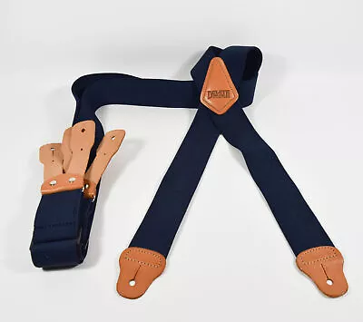 Duluth Trading Co Navy Blue Brown Leather Adjustable Button Loop Suspenders • $11.99
