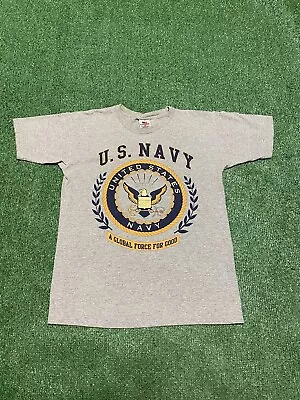 Vintage US Navy Graphic T-Shirt Grey Men’s Size Small Made In USA Bayside Y2K • $15