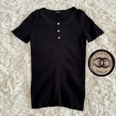 Authentic Chanel Knit Short Sleeve T-shirt Coco Button Black Tops Women's Rare • £200.17