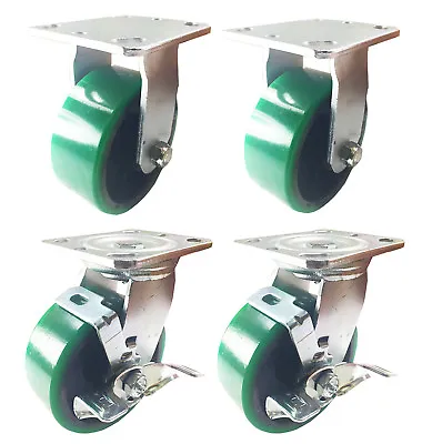 4 Heavy Duty Caster Set 4  5  6  Polyurethane On Cast Iron Wheels No Mark Green • $96.67