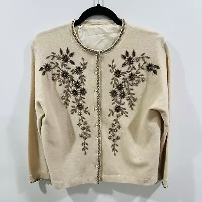 Vintage Beaded Cardigan Wool Blend Size Small Brown Retro 1960 Floral Stunning • $29.99