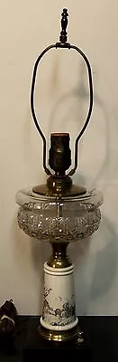 Vintage Electrified Oil Lamp Country Or Farm Scene On Pottery Cast Iron Base  • $29.95