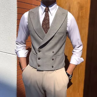 Light Gray Plaid Suit Double-breasted Vest Business Slim Waistcoat Men's Wedding • $64.90