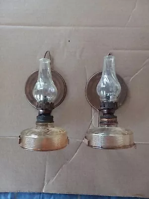 2 Antique Copper Wall Mounts With 7  Glass Oil Lamps. See Photos As Is • $39.99