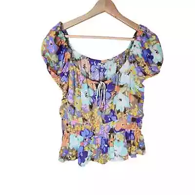 O'NEILL Colorful V-Neck Floral Raja Waist Length Short Sleeve Top SZ XL • $21