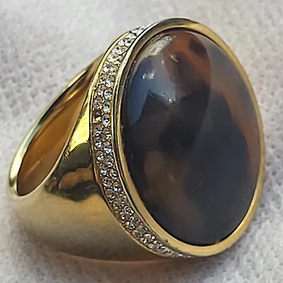 Michael Kors MK Gold-Tone Brown Tortoise & Pavé Crystal Trim Men's Ring Size 7 • $55