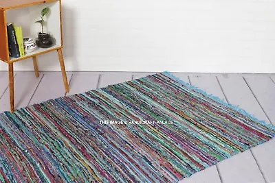 Large Chindi Rag Rug Hand Loomed Indian Fair Trade Recycled Woven Mat 4*6 Ft Rug • £28.79