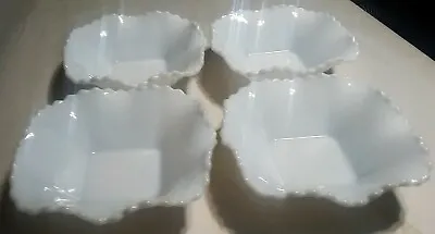 Set Of (4) Vintage Milk Glass Square Diamond Pattern Scalloped Edge Bowls Mint • $15.98