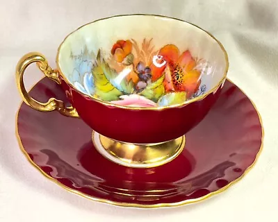 Aynsley J.A. Bailey Signed Pink Cabbage Rose Burgundy Tea Cup & Saucer Gold • $99.95