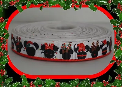 7/8  Christmas Mickey And Minnie On White Grosgrain Ribbon  - 1 Yard • $0.99