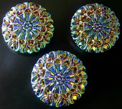 3 Czech Vaseline Glass Buttons #B104 - 27 Mm Or 1  - RAINBOW IRIDESCENT • $10.99