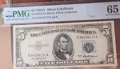 1953a $5 Silver Certificate Pmg Gem 65 Epq No Reserve Five Dollar Note • $55