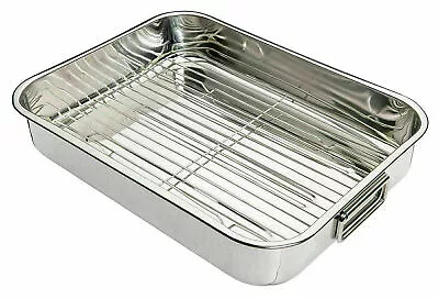 Stainless Steel Roasting Oven Pan Dish Meat Baking Roaster Tin Grill Rack Tray • £13.90