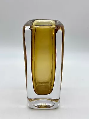 Vintage 1960s Kosta Boda Vicke Lindstrand Amber Sommerso Square Glass Vase 6.5  • $180