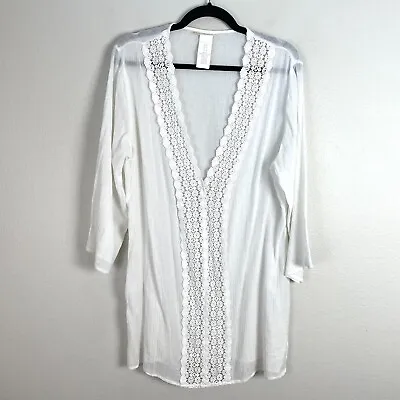 La Blanca Womens Medium White Crochet Cover Up Dress Sheer Low V Neck • $22.20