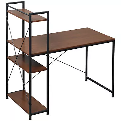 HOMCOM Computer Desk Laptop Table W/4-tier Bookshelf  Metal Frame Walnut Black • £49.99