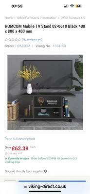 £49.99 • Buy HOMCOM Modern TV Cabinet Stand Storage Shelves Table Mobile Bedroom Black BNIB