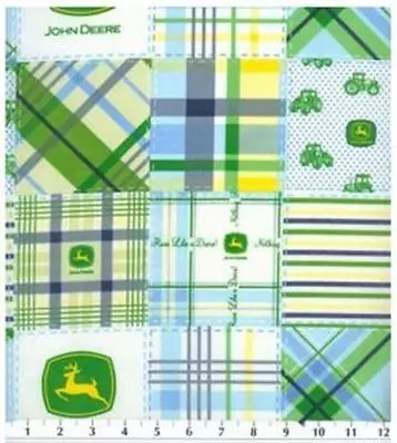 1 1/6 Yard John Deere Tractor Madras Blue Green Plaid Cotton Fabric • $12.25