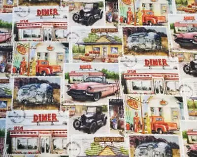 Vintage Cars & Diner Cotton Fabric • $10.49