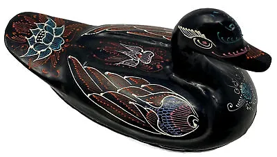 Vintage Black Lacquerware Duck Trinket Box Keepsake Folk Art • $10