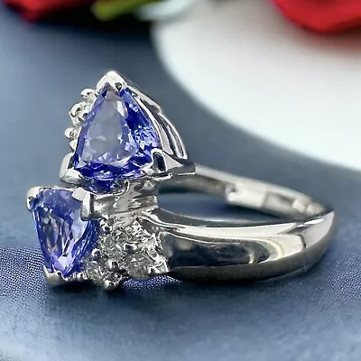 Trilliant Cut Tanzanite & Diamond Cluster Ring - 14ct White Gold - UK Size M 1/2 • £675