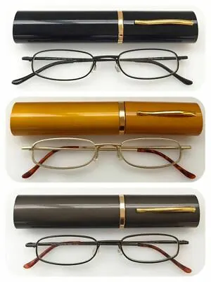 £2.99 • Buy Metal Frame Slim Reading Glasses/Spring Hinges+Aluminum Pen Tube Case UK
