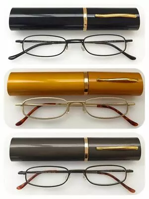 Metal Frame Slim Reading Glasses/Spring Hinges  Pen Tube Case UK • £2.99