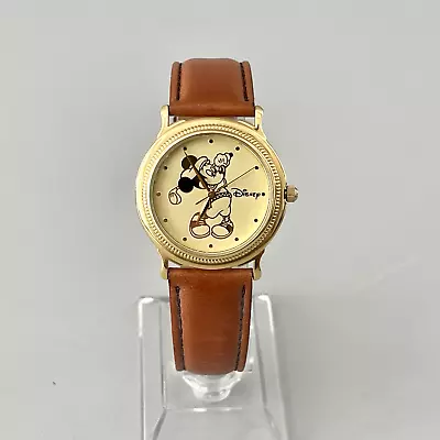 Disney Watch Mickey Mouse Playing Golf Gold Tone Leather Band 32MM NEW BATTERY • $39.99