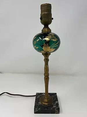 Antique Vintage Green Glass Marble Brass Small Table Lamp Works Hand Painted • $39.99