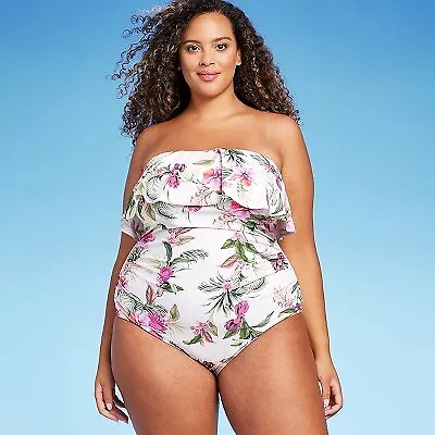 Women's Bandeau Flounce Front Ruched Full Coverage One Piece Swimsuit - Kona Sol • $7.99