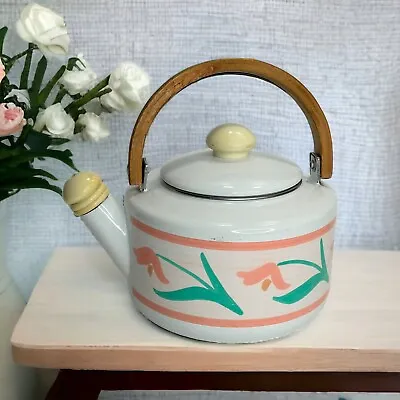 Vintage 80's Or 90’s White Enamel Tea Pot Peach Flowers Kamenstein Has Wear READ • $13.59