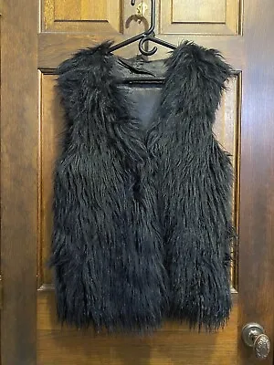 Black Mongolian Fur Vintage Satin Lining Reversible Vest Fuzzy Hairy Shaggy • $40