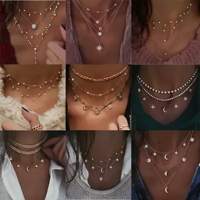 Boho Women Multi-layer Long Chain Pendant Crystal Choker Necklace Jewelry Gift • £3.21