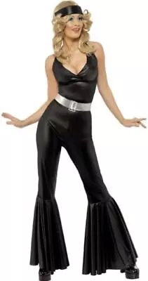 70s Diva Costume Black With Catsuit Headscarf And Belt Small • £26.83