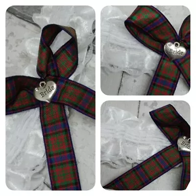 White Garter Scottish Ribbon Green Red  Blue Purple Tartan Wedding Bride Charm   • £7.95