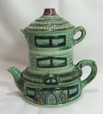 Vintage Majolica 4 Piece Stacking Teapot Green Brown House Unmarked GC • $10