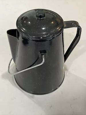 Vintage Black Speckled Enamelware Coffee Pot Percolator Lid Pot Basket Camping • $19.99