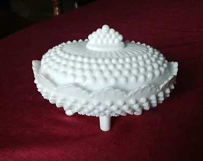 Vintage Fenton Oval Footed White Hobnail Milk Glass Lidded  Candy Butter Dish • $25