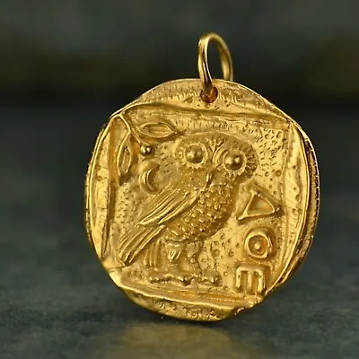 £49.99 • Buy Ancient Gold Coin Mens Thick Necklace Chain 24K Plated Charm Owl Of Athena G886
