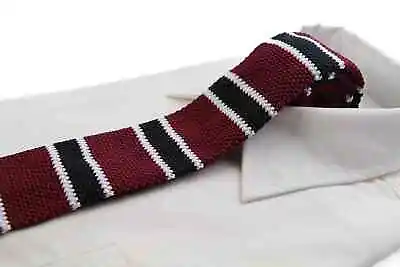 Knitted Maroon Black & White Striped Patterned Neck Tie • $7.33