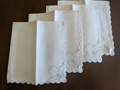 Set Of 4 Vintage White Linen Cocktail Napkins Embroidery Scalloped No Stains • $12